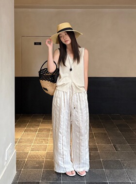 TG 波西米亚风 亚麻透气竖条纹度假阔腿休闲裤女2026夏款26836