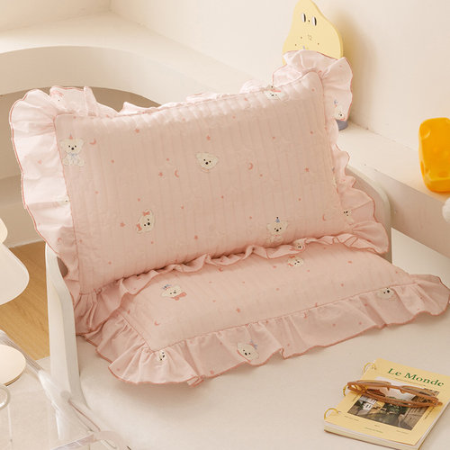 ins风卡通儿童双层纱夹棉隔汗枕套宝宝纯棉纱布荷叶边枕头套30x50