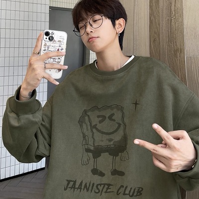 麂皮绒秋冬季加绒加厚紫色圆领无帽卫衣男款美式潮牌猫咪内搭外套