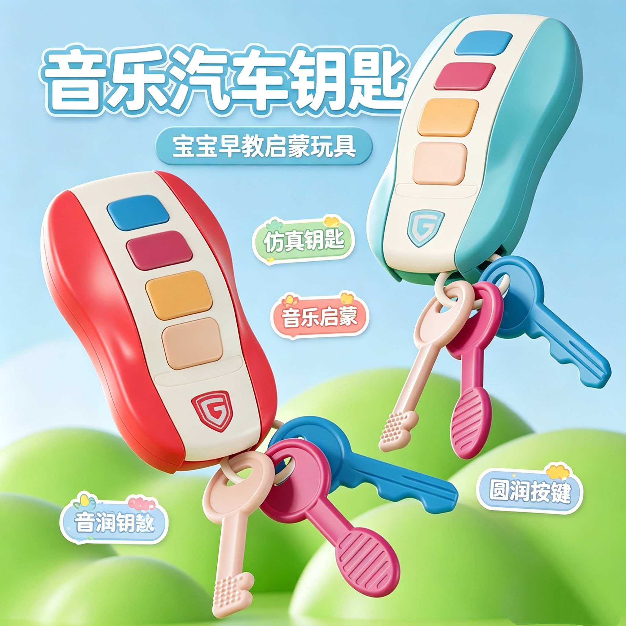 儿童早教仿真汽车遥控器钥匙软牙胶可入口玩具宝宝益智带音乐功能