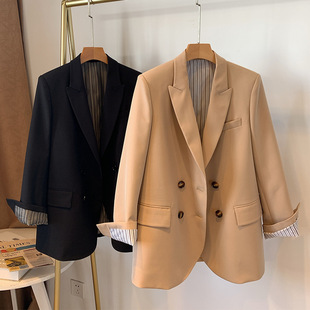简约休闲双排扣西装 2020春季 女宽松版 复古设计感小西装 外套女 新款