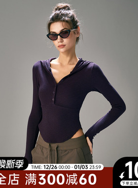 Choc女孩秋冬新款瑜伽服女螺纹连帽长袖健身服修身显瘦运动上衣