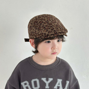 亲子豹纹前进帽2026新款复古美式辣妹贝雷帽春秋儿童灯芯绒鸭舌帽