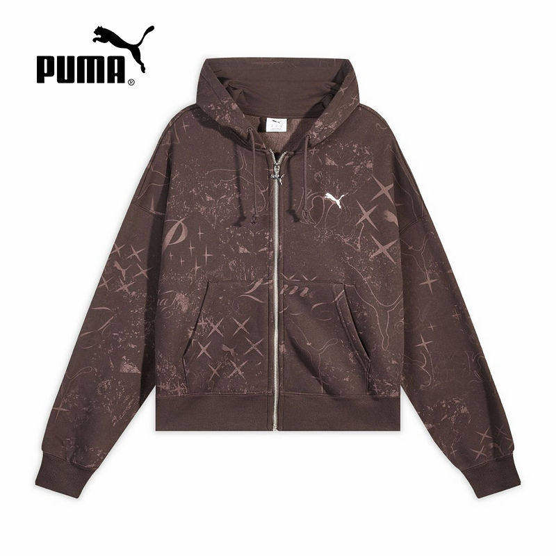 PUMA彪马外套女2026春季廓形满印加绒拉链连帽运动夹克 637064-13