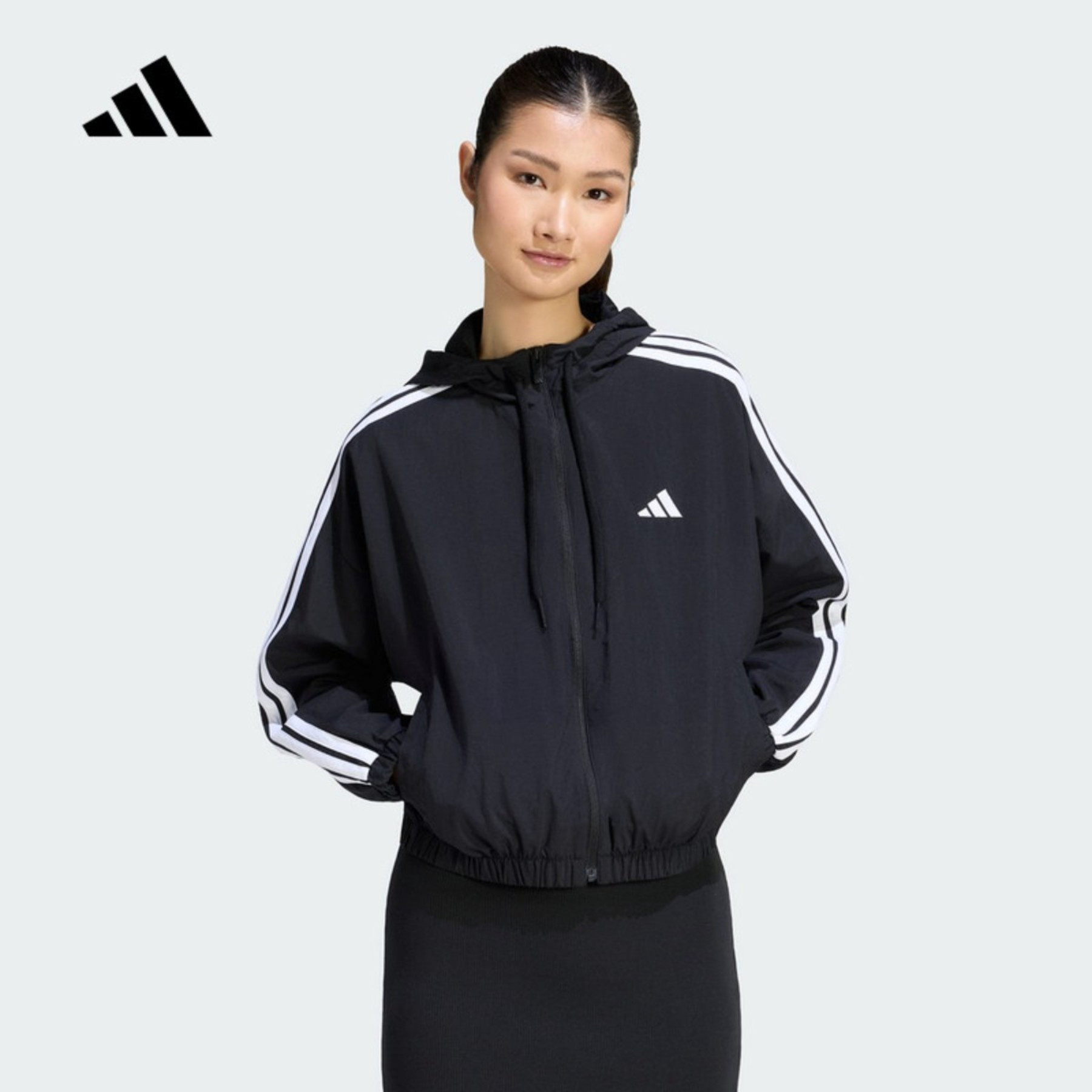 adidas阿迪达斯外套女三条纹连帽防风健身梭织夹克 KF8430 KX0783
