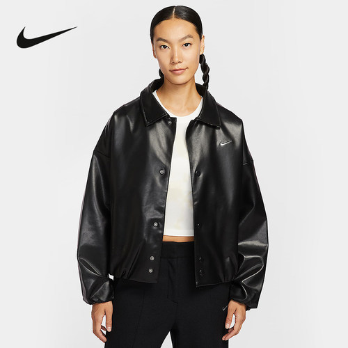 Nike耐克运动外套女2025冬季梭织休闲防风翻领仿皮夹克IO0477-010