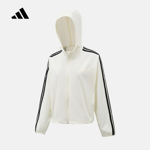 adidas阿迪达斯外套女2026夏季三条纹休闲梭织连帽防晒夹克KX2759