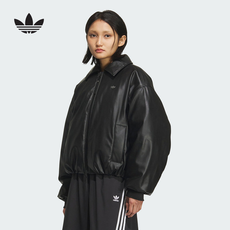 阿迪达斯三叶草外套女2025冬季仿皮夹克短款翻领休闲羽绒服KC2647
