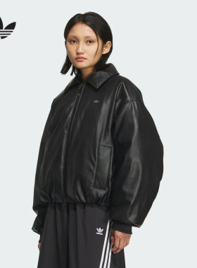 阿迪达斯三叶草外套女2025冬季仿皮夹克短款翻领休闲羽绒服KC2647