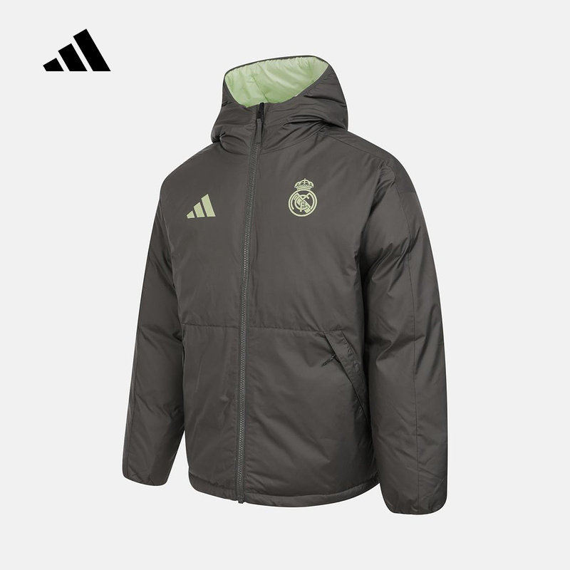 adidas阿迪达斯羽绒服男2025冬皇马足球文化连帽双面穿外套JN3077
