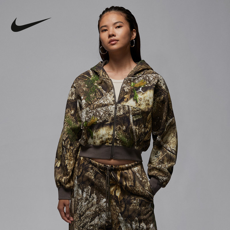 Nike耐克运动外套女2025冬JORDAN迷彩休闲连帽针织夹克HV0470-133