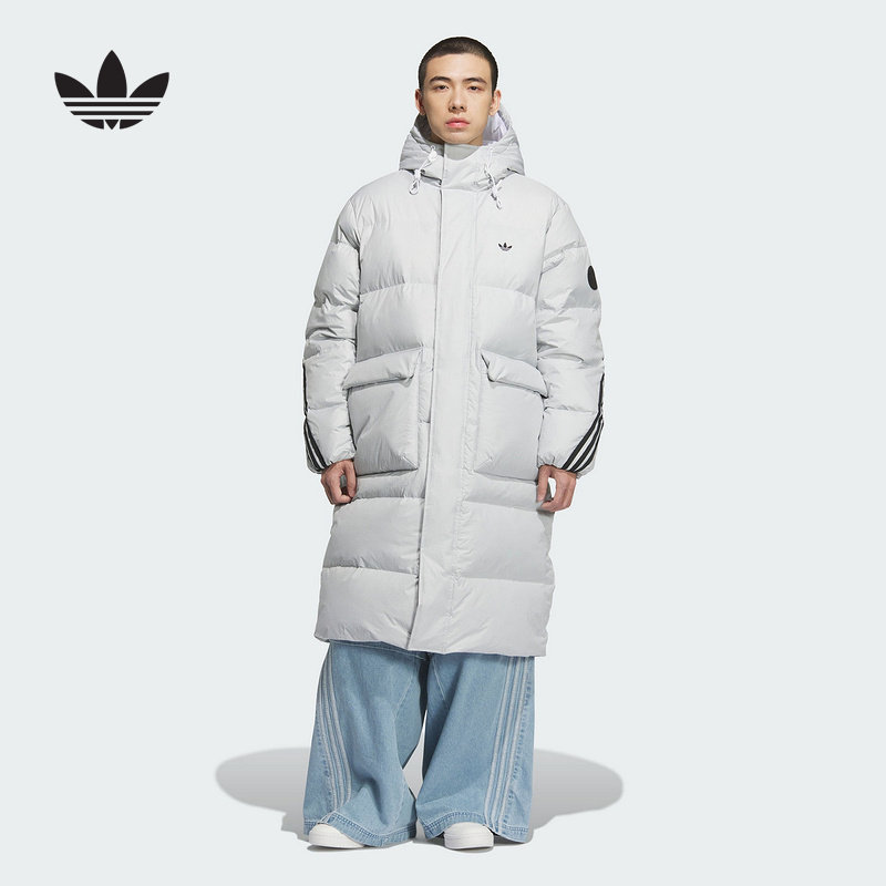 阿迪达斯三叶草外套男2025冬季中性长款连帽羽绒服KC2564 KC2566