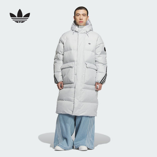 阿迪达斯三叶草外套男2025冬季中性长款连帽羽绒服KC2564 KC2566