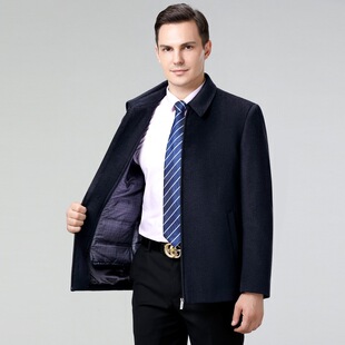 2026冬季新款男式羊绒大衣中老年翻领羽绒内胆羊毛呢茄克外套