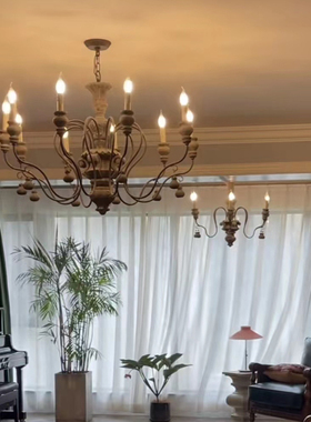 美式乡村复古木头客厅吊灯铁艺蜡烛个性别墅做旧木艺白色法式灯具