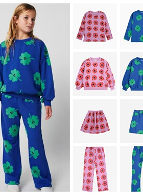 2025AW秋冬欧美儿童纯棉BC花朵满印加绒卫衣卫裤套装宝宝T恤半裙