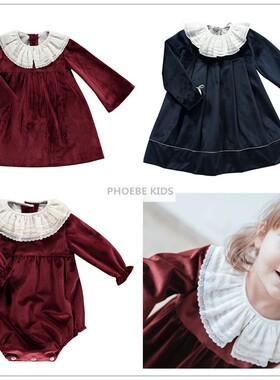 ins爆款 英伦贵族女童圣诞丝绒多重花边翻领连衣裙子宝宝哈衣礼服