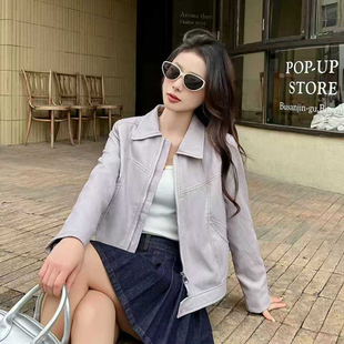 韩系翻领拉链皮衣外套女2026早春新款小个子短款气质百搭夹克上衣