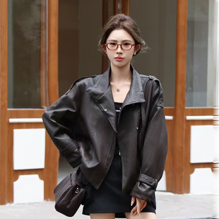 秋酷飒风独特超好看机车复古夹克宽松上衣 黑色皮衣外套女2025新款