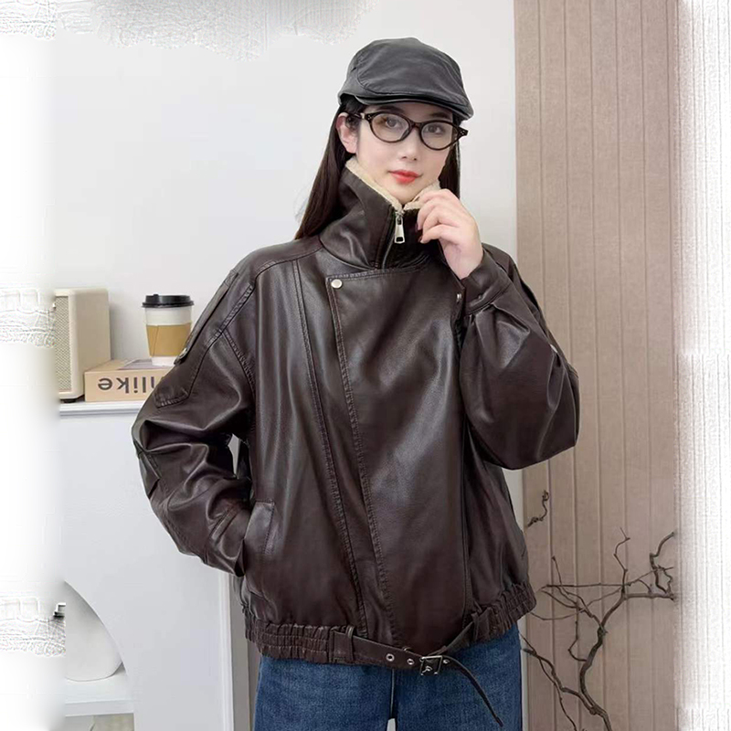 加绒加厚皮衣外套女2025新款酷飒风机车蛋白皮宽松立领高级感夹克