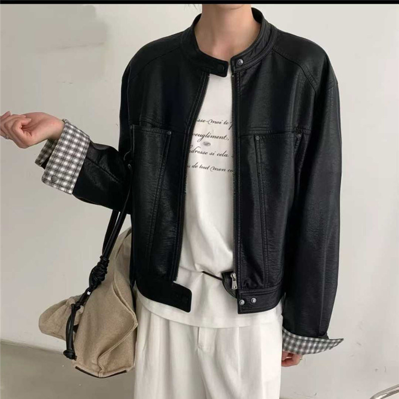美式复古立领短外套2026秋新款小个子pu皮衣百搭宽松机车服皮夹克