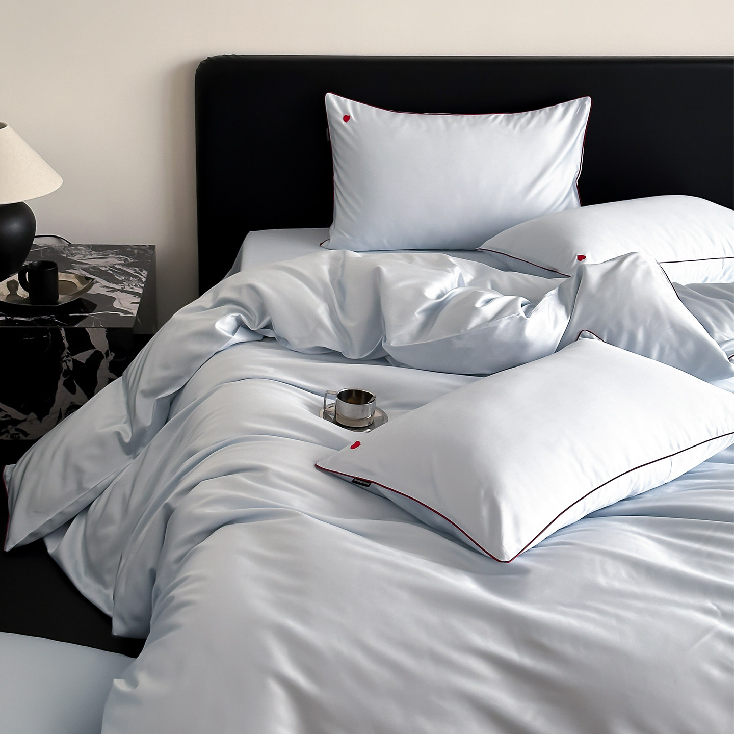 小清新120S天丝棉四件套简约爱心刺绣被套床单笠裸睡凉感床上用品