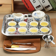 店铺家用功夫茶简约德化瓷器茶道 高白茶杯不锈钢茶盘茶具16件套装