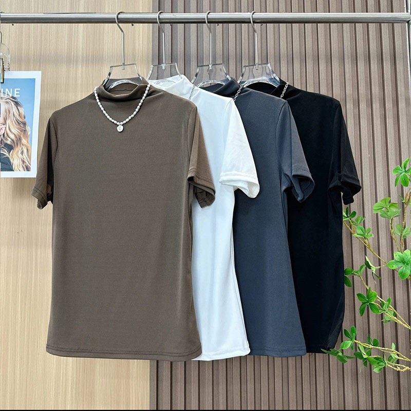 플러스 사이즈 플러스 사이즈 여성 캐주얼 다용도 심플 탑 뚱뚱한 소녀들이 배를 덮을 수 있는 하프 터틀넥 솔리드 컬러 반팔 바닥 셔츠