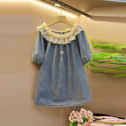 网纱钉珠荷叶领短袖牛仔上衣