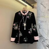 女装 立领拼色袖 口花朵上衣胖妹妹气质时尚 大码 复古风洋气显瘦小衫