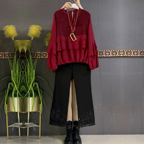 蕾丝裤脚裤子系带领松紧袖口上衣