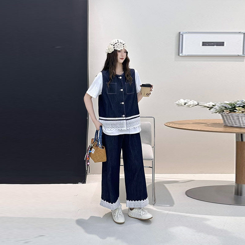 胖MM加肥拼色边马甲短袖T恤衫阔腿九分裤欧货大码女装减龄三件套