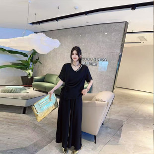 胖妹妹圆领短袖侧压褶上衣阔腿九分裤韩版大码女装气质简约两件套