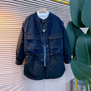 棉服外套大码 款 女装 冬季 百搭减龄保暖上衣 韩版 胖妹妹拼接牛仔长袖