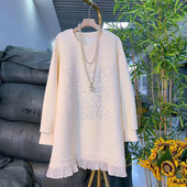 加肥女钉珠亮钻花朵长袖 胖妹妹宽松百搭休闲上衣 女装 卫衣韩版 大码