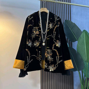 款 胖妹妹拼色袖 重工洋气复古风秋季 女装 百搭上衣 口亮钻花外套大码