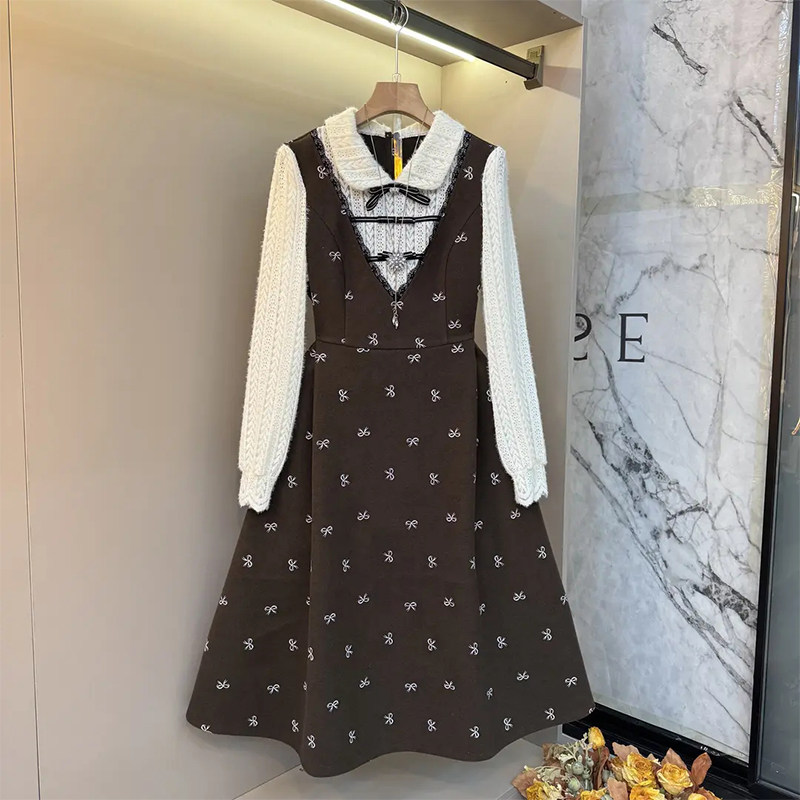 拼色翻领长袖假两件连衣裙白拼