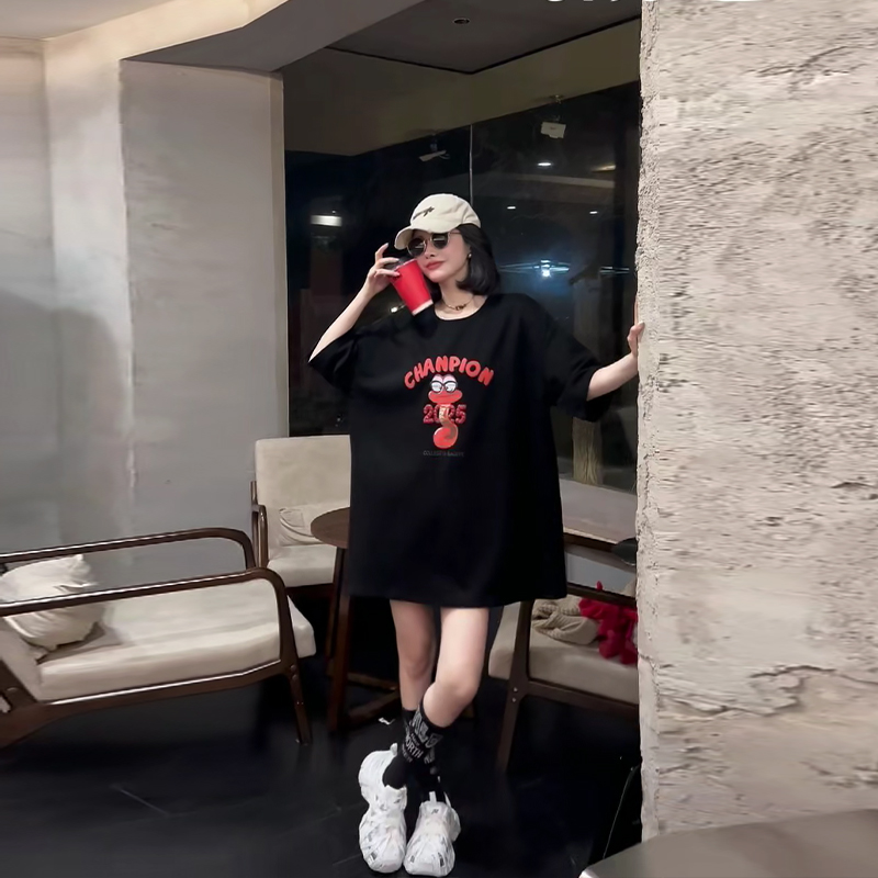 胖MM加肥圆领短袖卡通图案T恤衫大码女装韩版秋冬款百搭休闲上衣