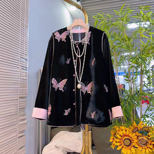 女装 胖MM百搭拼色袖 大码 韩版 国风蝴蝶图案丝绒马甲 口圆领打底小衫