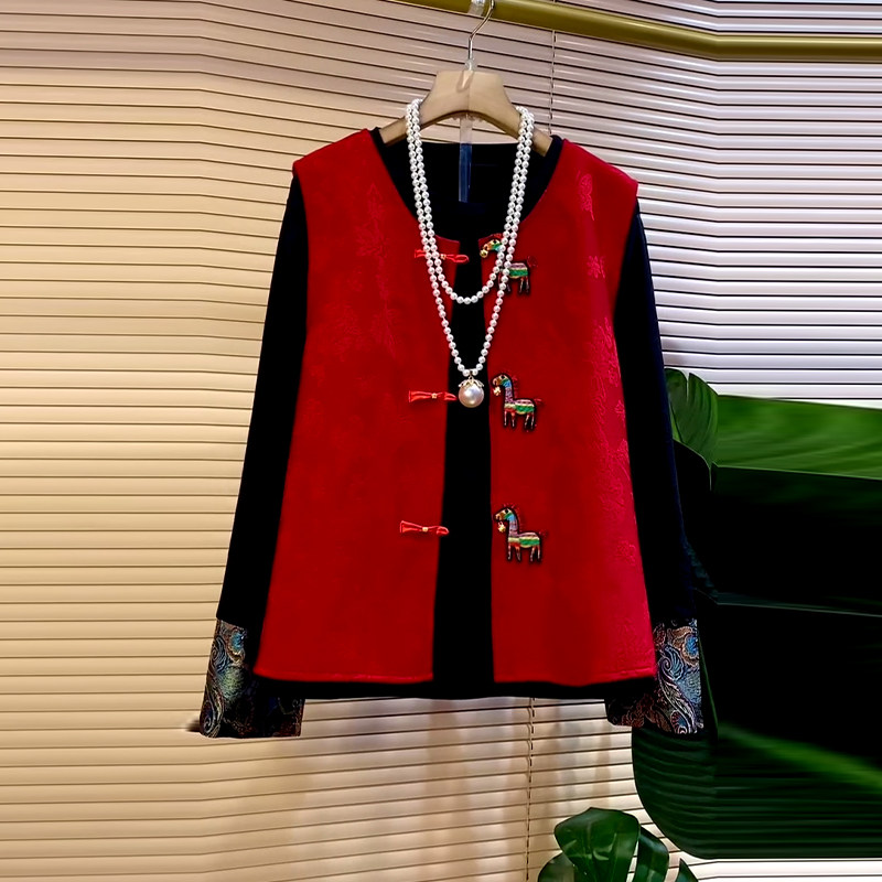 加大码女装盘扣马甲拼色袖口小衫胖妹妹复古风时尚洋气百搭两件套,女装/女士精品,大码套装,淘宝优惠券,粉丝福利购,淘宝优惠卷