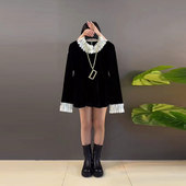 女装 拼色袖 口钉珠花瓣领上衣胖妹妹法式 大码 小众设计减龄洋气小衫