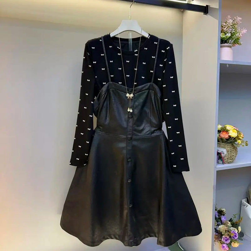 加肥女圆领长袖打底衫后拉链吊带裙韩版胖妹妹减龄气质显瘦两件套,女装/女士精品,大码套装,淘宝优惠券,粉丝福利购,淘宝优惠卷