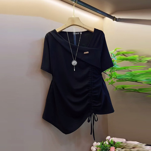 短袖收腰侧系带压褶小衫上衣