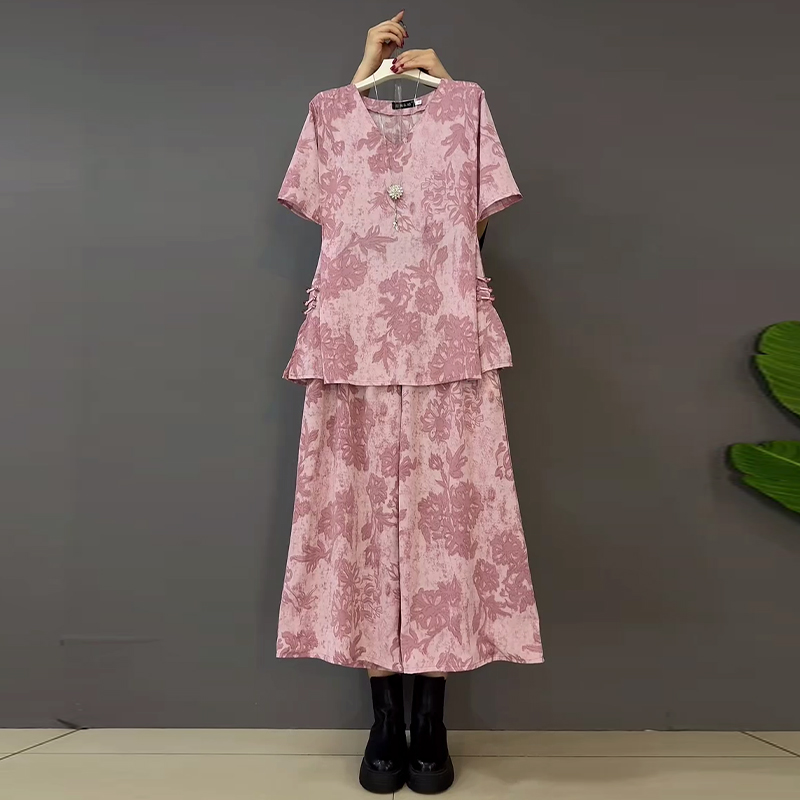 V领短袖花朵上衣松紧腰阔腿裤