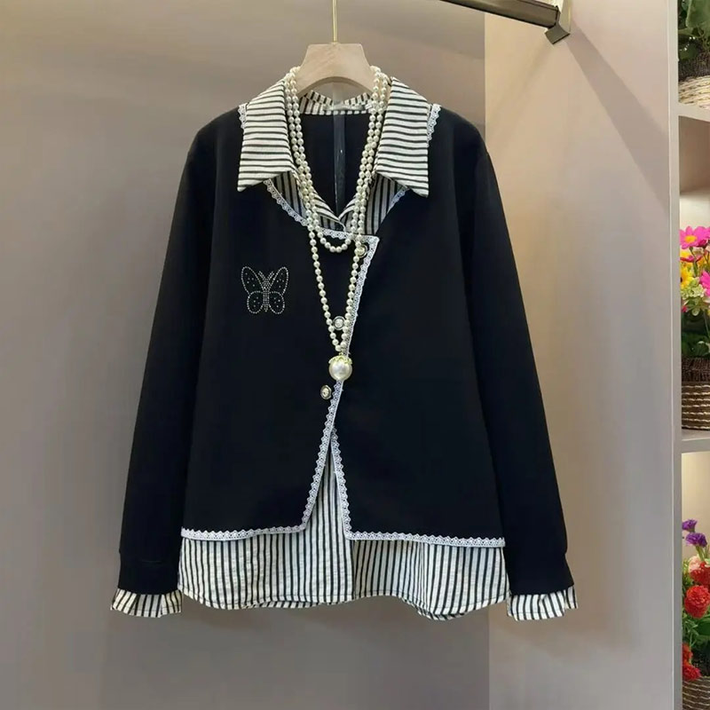 拼接条纹衬衫领假两件上衣