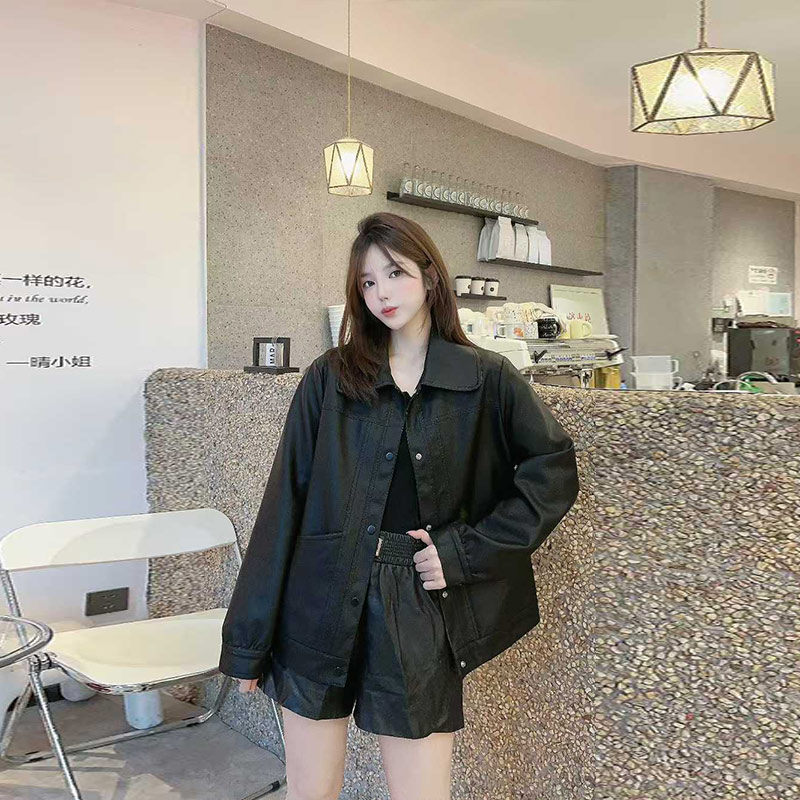 大码女装翻领长袖皮外套