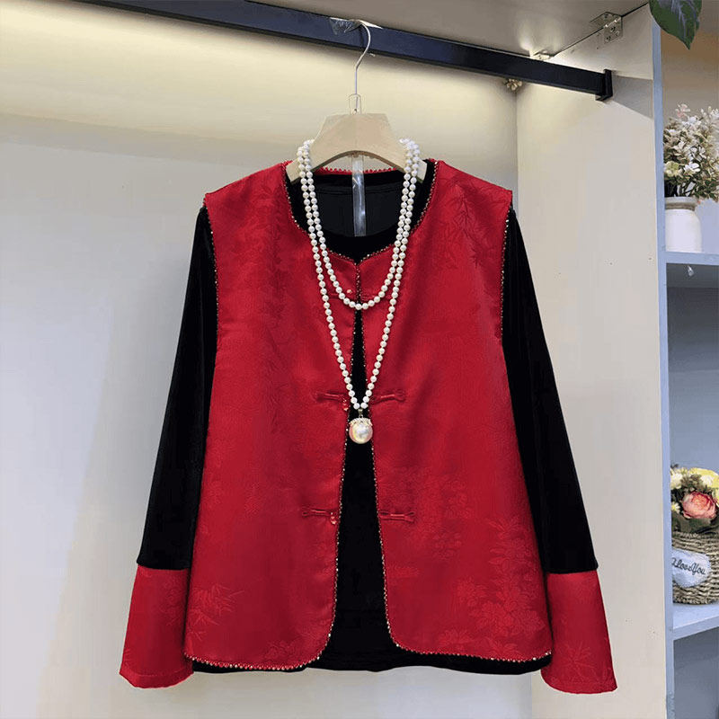 加大码女装拼色袖口打底衫胖妹妹复古风百搭减龄圆领盘扣暗花马甲,女装/女士精品,大码内搭,淘宝优惠券,粉丝福利购,淘宝优惠卷