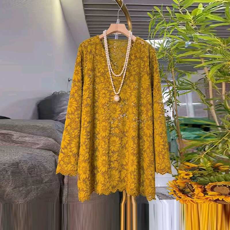 大码女装圆领长袖蕾丝小衫