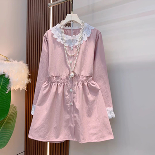 加肥长袖收腰白色荷叶领淑女裙胖妹妹中长款甜美减龄名媛风连衣裙