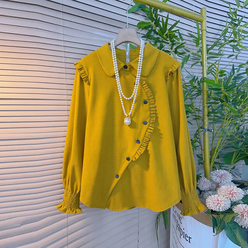 大码翻领荷叶肩长袖上衣